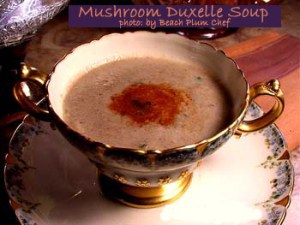 A creamy mushroom soup made with reduced mushroom puree and vegetable stock, with a light cream and fresh thyme finish